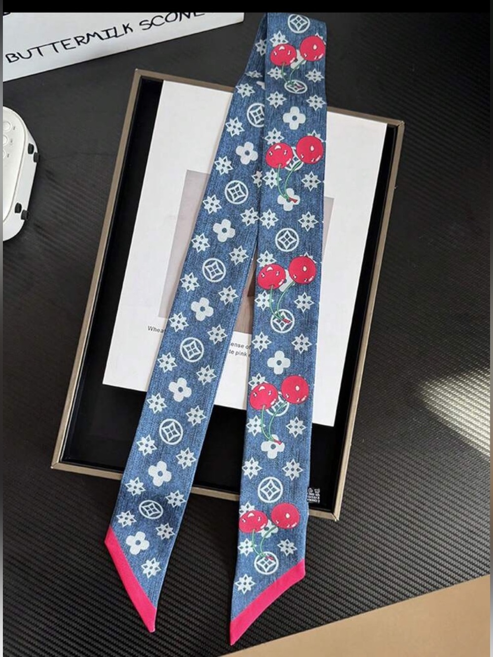 Cherry Print Scarf Ribbon -BLUE ONLY